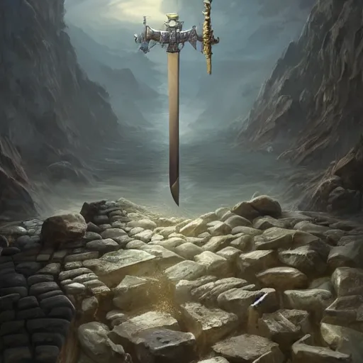 Prompt: a sword stuck in between stones on the ground, organic painting, sunny day, matte painting, bold shapes, hard edges, street art, trending on artstation, by huang guangjian, gil elvgren, ruan jia, randy vargas, greg rutkowski