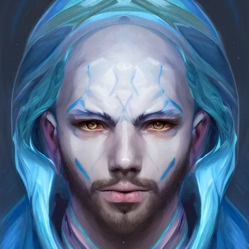 Prompt: head-on symmetrical centered painted portrait, a man with completely blue skin in his twenties as a D&D wizard, fantasy, intricate, elegant, highly detailed, digital painting, smooth, sharp focus, illustration, artstation, in the style of Artgerm and Anna Podedworna and Charlie Bowater