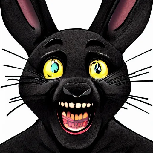 Image similar to A extremely highly detailed majestic hi-res beautiful, highly detailed head and shoulders portrait of a scary terrifying, horrifying, creepy black cartoon rabbit with scary big eyes, earing a shirt laughing, hey buddy, let's be friends, in the style of Walt Disney animation