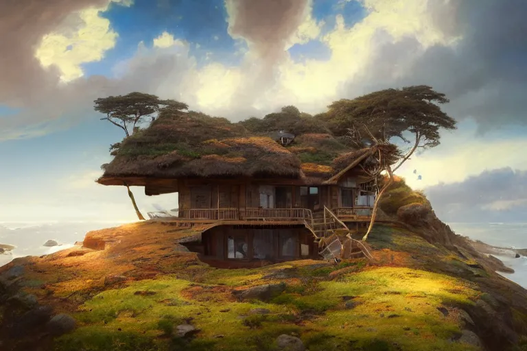 Image similar to lovely a - frame home sits atop a broad cliff, overlooking the entirety of the blue sky, digital painting by greg rutkowski and gaston bussiere, zbrush, cgsociety contest winner, comprehensive art, intricate, landscape photography, brightly radiant atmosphere, overcast sky, homogeneous to hawaii, 4 k, 8 k