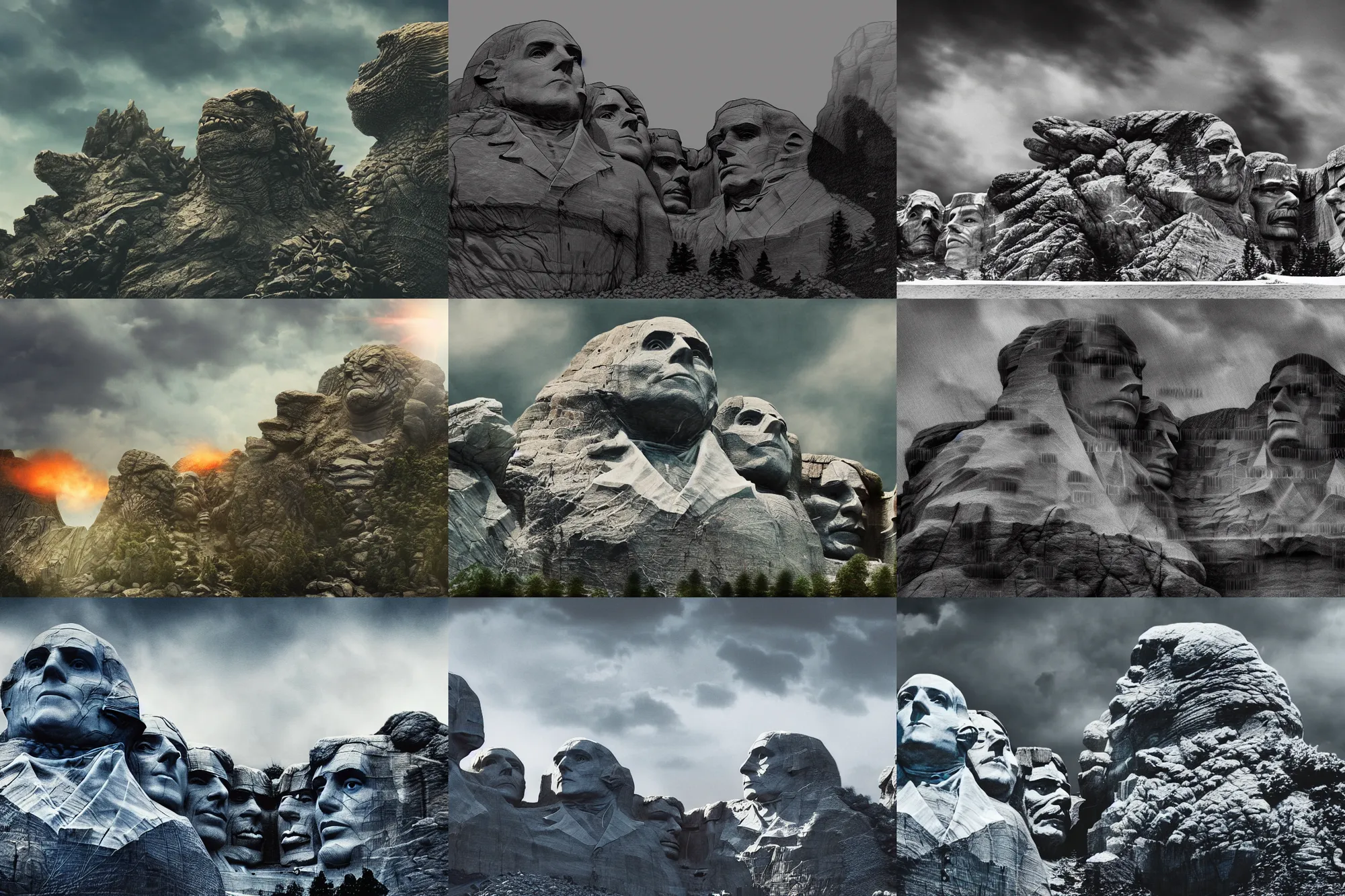 Prompt: wide angle view, godzilla smashes mount rushmore monument, photorealistic, concept art, digital art, insane details, daylight, tele photo lens, 8 k