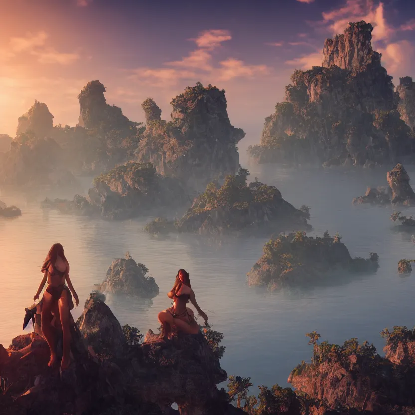 Image similar to unreal engine render, floating islands with beautiful women in foreground, cinematic, sunset, fantasy, 8 k, trending on artstation