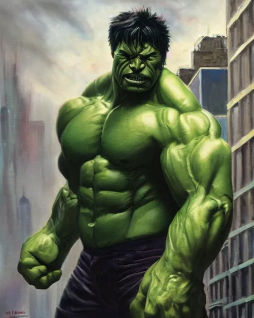 Image similar to a moody oil painting of the incredible hulk looking angry at noon in a city by simone bianchi