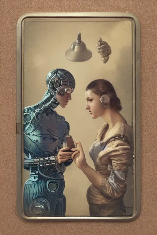 Image similar to a beautiful ultradetailed vintage photo of two cyborgs facing away from each other looking at their cellphones, by tom bagshaw and anna dittman, couples portrait, vignette, 3 5 mm lens, golden ratio composition, detailed faces, studio photography, very detailed, humanoids, industrial robots, artstation, 8 k, highly coherent