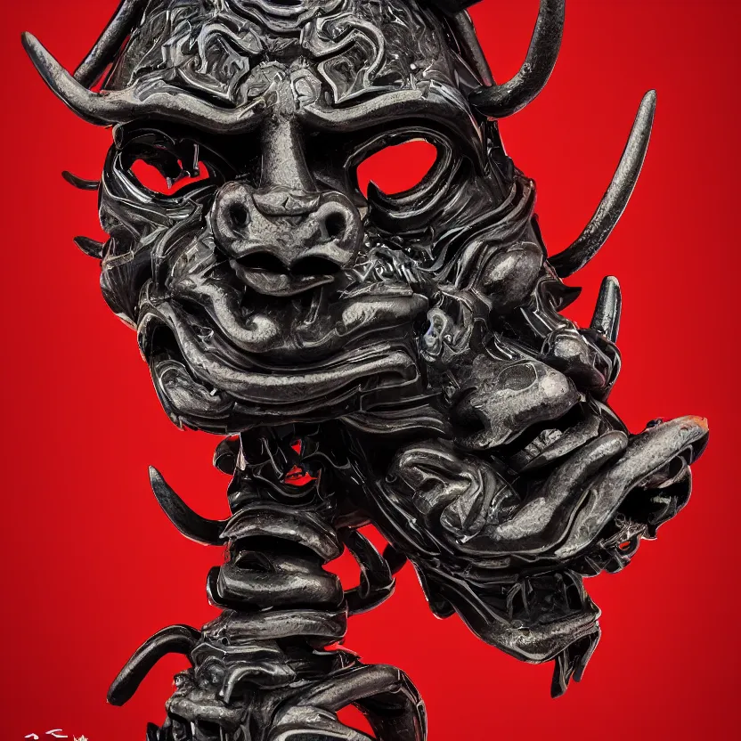 Prompt: a black symmetrical centered Japanese traditional oni mask, kintsugi, ornate, details, smooth, sharp focus, illustration, realistic, cinematic, artstation, award winning, rgb , unreal engine, octane render, cinematic light, macro, depth of field, blur, red cloud light, 8K,