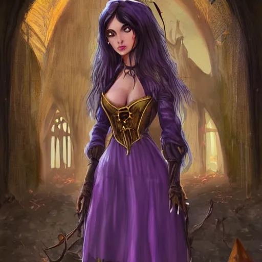 Image similar to Beautiful and cunning witch with long dark hair walking within a decayed medieval temple. She wears a purple dress adorned in jewelry flashing gold, trending on artstation, dark fantasy