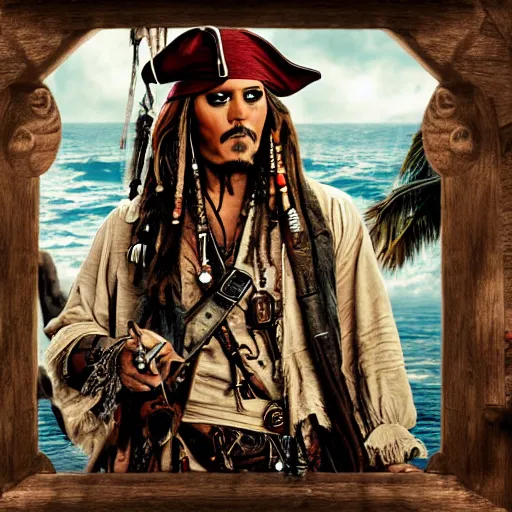 Image similar to jack sparrow drinks rum from bottle at the deck of pirate ship, focus, 3 d illustration, sharp, intricate, poster,, photo, detailed photo, scene from pirates of caribbean