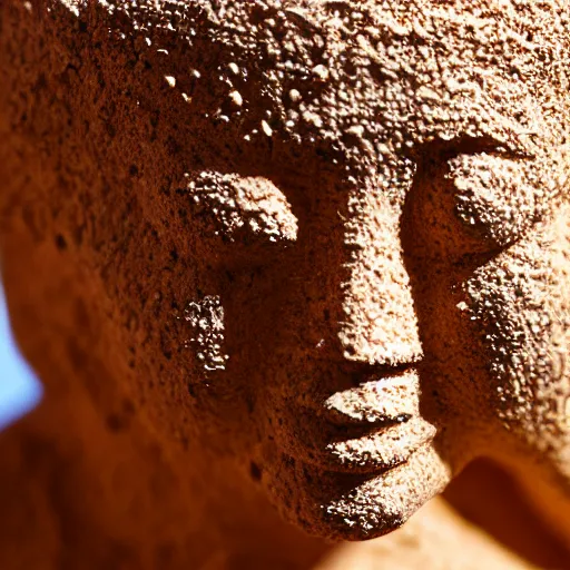 Image similar to detailed sculpture covered in salt shaped like a 30 year old woman in ancient Canaanite clothing, desert drought background. 40mm lens, shallow depth of field, split lighting