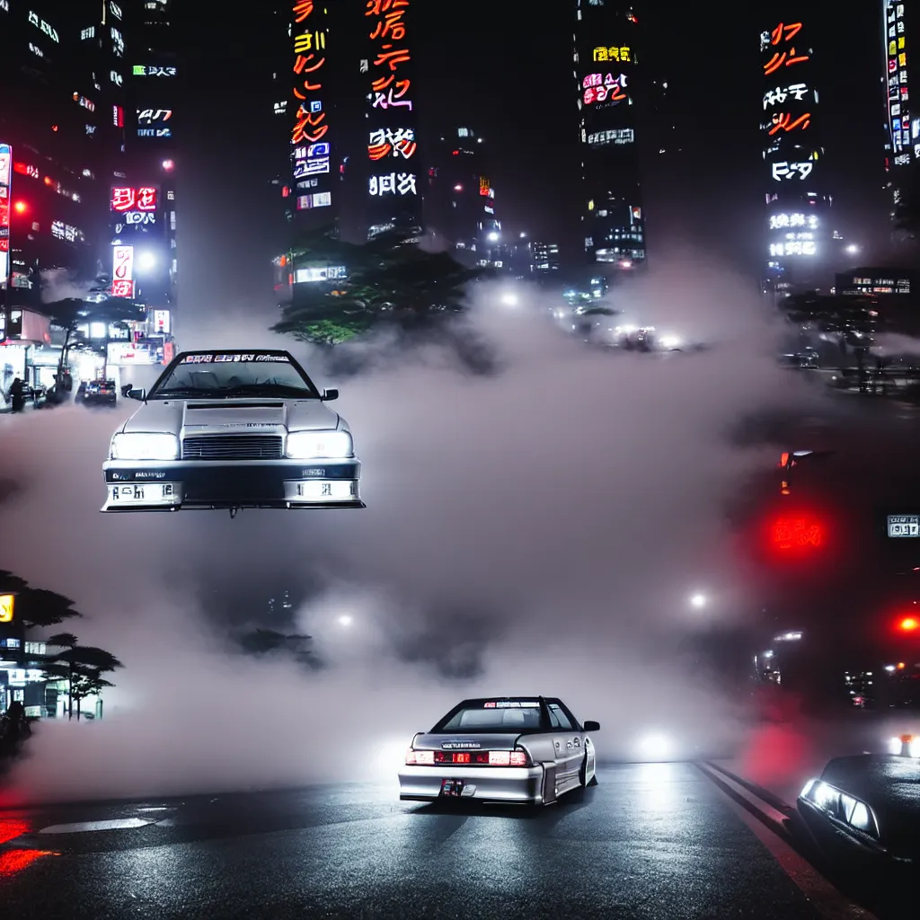 Prompt: JZX100 twin turbo drift in Shibuya, misty night
