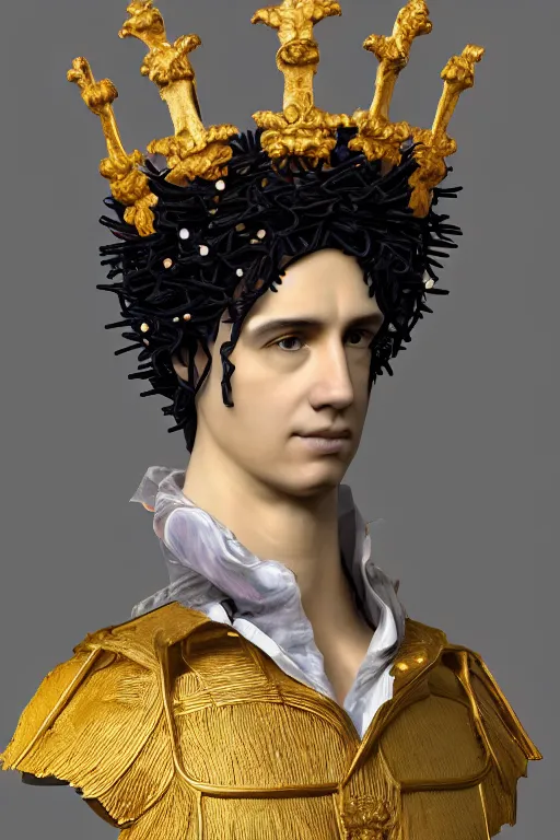 Prompt: a realistic porcelain full-head baroque style bust of handsome young Spanish brunette prince with a spiky hair and a crown made of colored pipecleaners, suspended in outer space, photorealism, octane render, depth of field, 8k, 35mm, artgem, Trending on artstation, padding above head