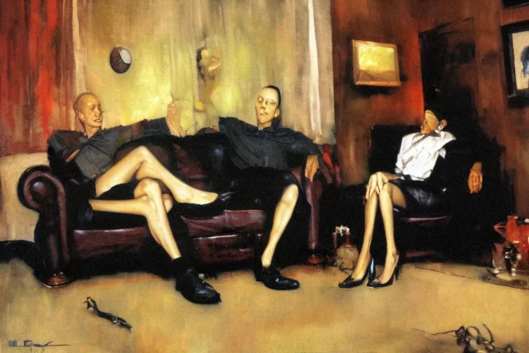 Image similar to a thin man and his wife sit on a sofa and argue in a dark living room, painted by phil hale and rick berry and dean cornwell and norman rockwell and jeremy mann, highly detailed