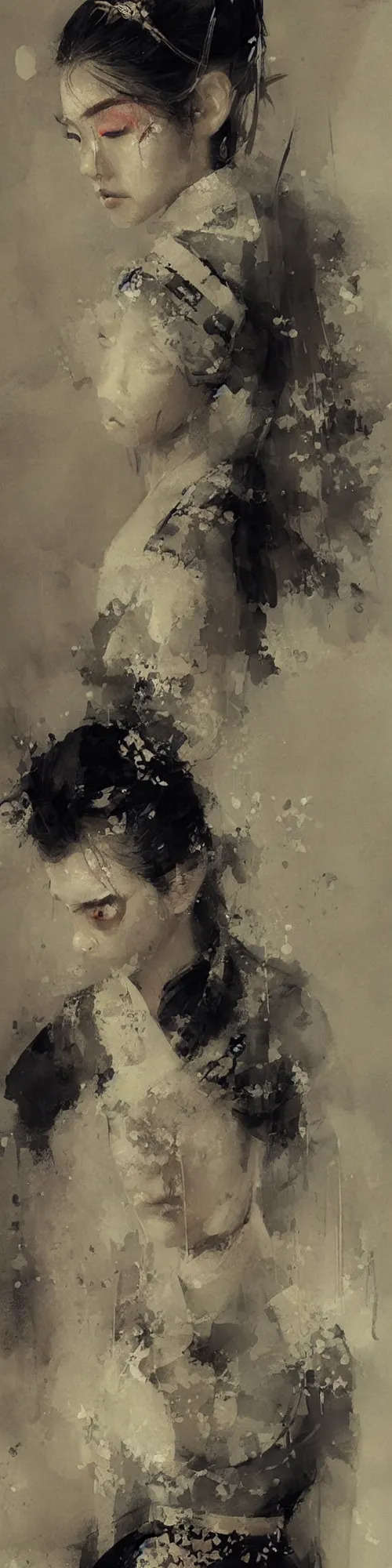 Image similar to female geisha girl, beautiful face, rule of thirds, intricate outfit, spotlight, by greg rutkowski, by jeremy mann