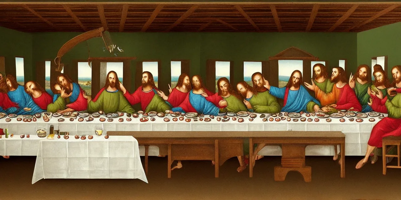 Prompt: the last supper iconic image long table big family style diner in the artistic style of surreal cat iconography but replace cast with little green aliens like the ones from tv and movies