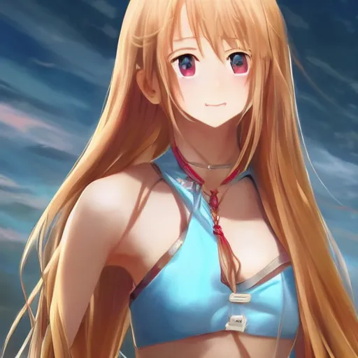 Image similar to a very beautiful young yuuki asuna, full body, long wavy blond hair, sky blue eyes, full round face,, bikini, miniskirt, front view, mid - shot, highly detailed, cinematic wallpaper by stanley artgerm lau