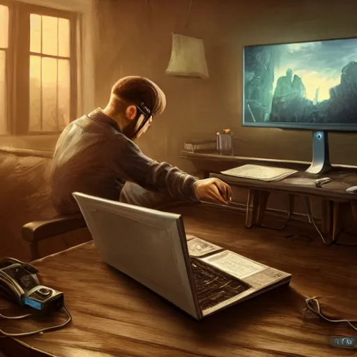 Image similar to realistic man using laptop in gaming room, artstation trends, concept art, highly detailed, intricate, sharp focus, digital art, 8 k