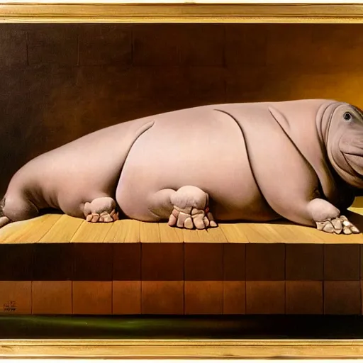 Prompt: A humanoid hippo wearing a towel sitting in a steamy sauna, hyperrealisim, oil painting by Salvador Dali