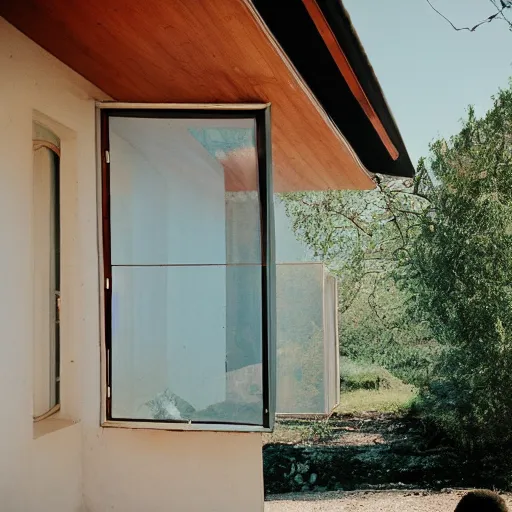 Prompt: Exterior of midcentury Bohemian house in Croatia. Photographed with Leica Summilux-M 24 mm lens, ISO 100, f/8, Portra 400