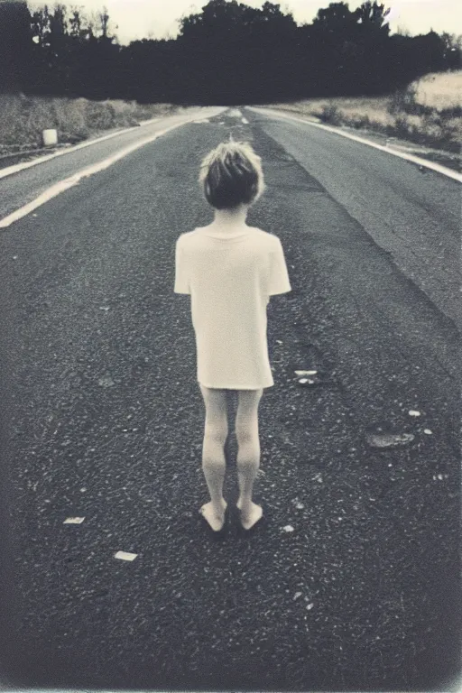 Image similar to photo polaroid of a sad and lonely child in the middle of a road with field hospitals around, pandemic, loneliness, black and white ,photorealistic, 35mm film,