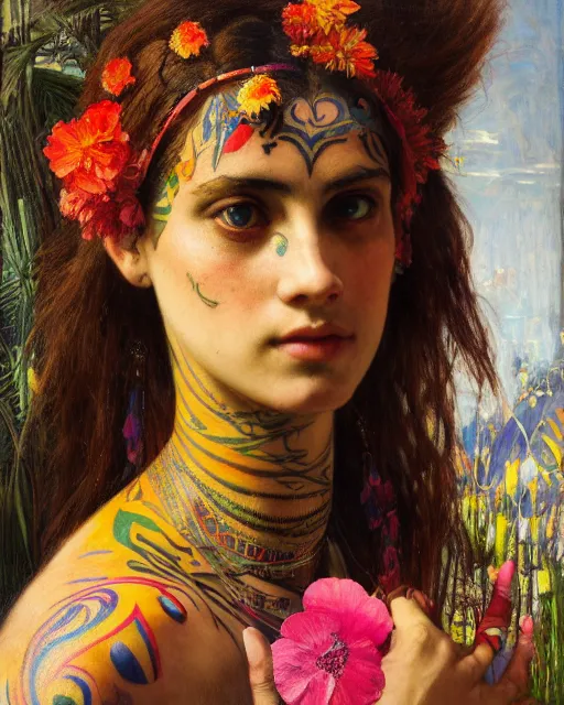 Prompt: a beautiful girl with colourful tribal tattoos surrounded by colourful flowers orientalist intricate portrait by john william waterhouse and edwin longsden long and theodore ralli and nasreddine dinet, oil on canvas. cinematic, hyper realism, dramatic lighting, high detail 8 k