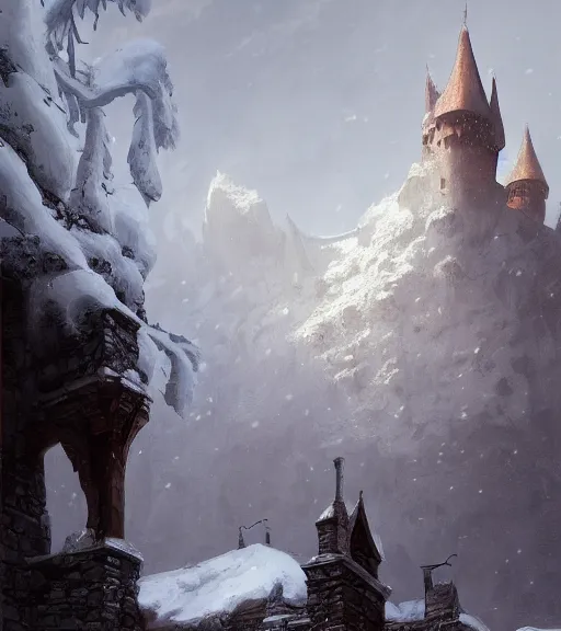 Image similar to a painting of a castle in the middle of a snowy mountain, a detailed matte painting by andreas rocha and greg rutkowski, featured on artstation, fantasy art, matte drawing, matte painting, artstation hq