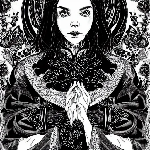 Image similar to black and white pen and ink!!!!!!! Suprani!!!!! wizard beautiful long hair Anya Taylor-Joy wearing High Royal flower print robes flaming!!!! final form flowing ritual royal!!! Contemplative stance Vagabond!!!!!!!! floating magic swordsman!!!! glides through a beautiful!!!!!!! Camellia!!!! Tsubaki!!! death-flower!!!! battlefield behind!!!! dramatic esoteric!!!!!! Long hair flowing dancing illustrated in high detail!!!!!!!! by Hiroya Oku!!!!!!!!! graphic novel published on 2049 award winning!!!! full body portrait!!!!! action exposition manga panel black and white Shonen Jump issue by David Lynch eraserhead and beautiful line art Hirohiko Araki!! Frank Miller, Kentaro Miura!, Jojo's Bizzare Adventure!!!! 3 sequential art golden ratio technical perspective panels horizontal per page