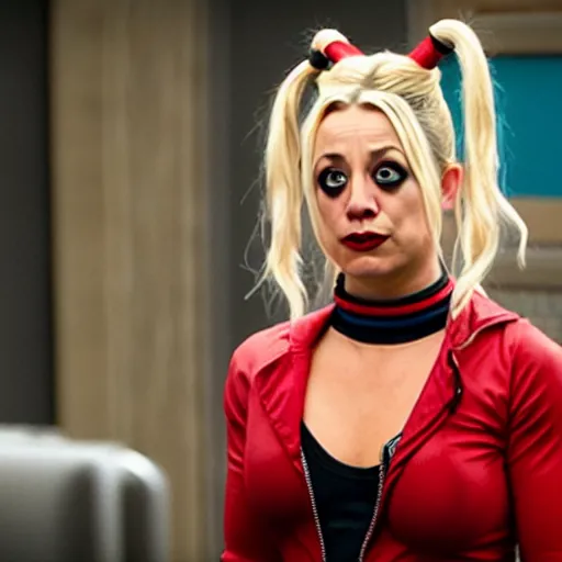 Image similar to A still of Kaley Cuoco as Harley Quinn