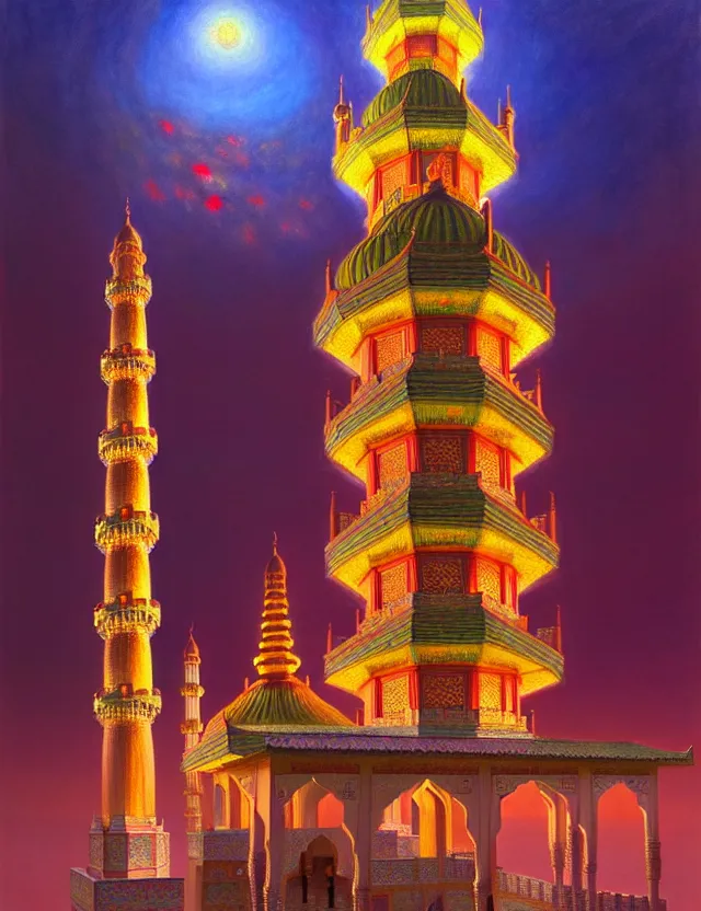 Prompt: a vibrant ancient mosque pagoda castle, utopia dream in the clouds by james gurney, donato giancola, trending on artstation, cinematic composition, beautiful lighting, hyper detailed, 8 k, oil on canvas