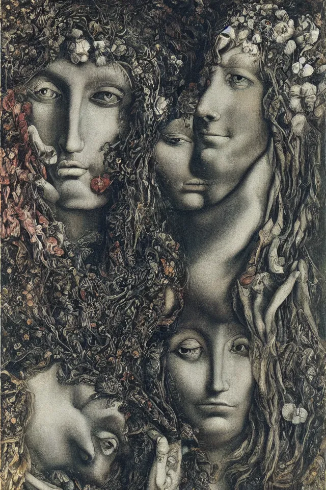 Image similar to extreme closeup floral portrait of a single man and woman by wojciech siudmak and ernst fuchs, oil on canvas