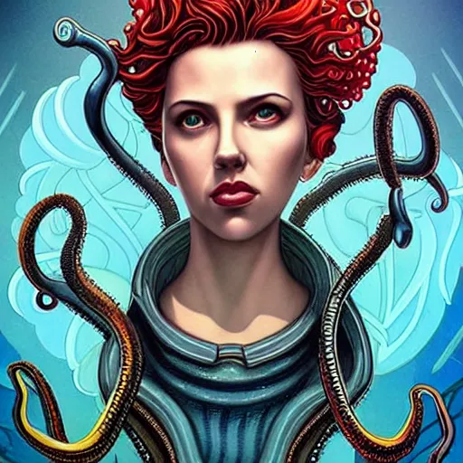 Prompt: lofi underwater bioshock biopunk lovecraft lovecraftian portrait of scarlett johansson, octopus, Pixar style, by Tristan Eaton Stanley Artgerm and Tom Bagshaw.