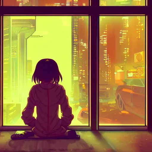 Image similar to cyberpunk girl sitting inside an empty store being looked at through the window in the style of satoshi kon, soft anime illustration, dark neon colors, soft ambience, beautiful composition, backlit, lots of details