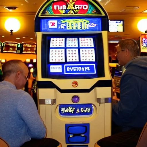 Prompt: r 2 d 2, the dalai lama and james wade playing on the gambling machine in aldershot wetherspoons
