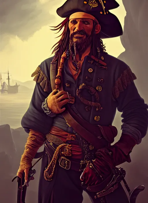 Prompt: grizzled pirate with gun belt, matte painting concept art, baroque, beautifully backlit, swirly vibrant color lines, fantastically gaudy, aesthetic octane render, 8 k hd resolution, by caravaggio and diego velazquez