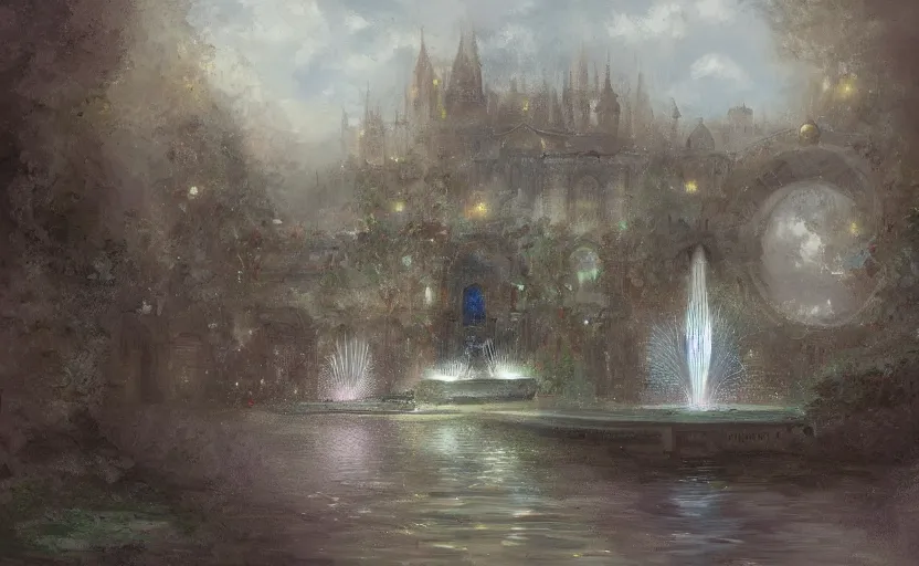 Image similar to An urban train rides inside of a waterway on a fantasy city, next to a fountain and a mystical palace. By Konstantin Razumov, Fractal flame, chiaroscuro, highly detailded