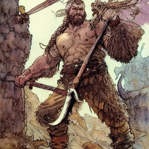 Image similar to a realistic and atmospheric watercolour fantasy concept art of viking with an axe, muted colors. by rebecca guay, michael kaluta, charles vess and jean moebius giraud,