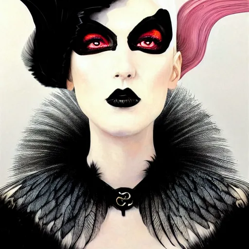 Image similar to portrait soft light, goth woman as mysterious supervillain and and black veil and modestly clothed victorian goth, black feathers instead of hair, black wings instead of arms, gray mottled skin, black feathers growing out of skin, transforming, by frank mccarthy and conrad roset, inspired by flash gordon, paintbrush, rough paper, fine,