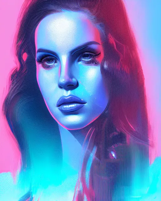 Image similar to portrait of lana del rey as a cyborg. realist abstract. key art. cyberpunk, blue and pink, intricate artwork. clear face, art by tooth wu, wlop, beeple, dan mumford. 8 k octane render, trending on artstation, greg rutkowski very coherent symmetrical artwork. cinematic, hyperrealism, very detailed, iridescent accents