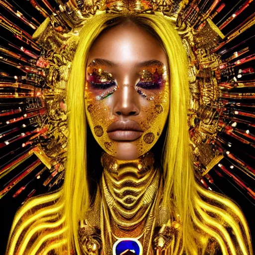 Prompt: hyperdetailed masterpiece portrait of a glossy golden metallic statue of a woman head covered in colorful glowing hexagons and chakras, symmetrical, in the style of virgil abloh, offwhite, heron prestorn, denoise, vogue, paris, fashion, halluzinogene, highly detailed, realistic, hyperreal, 8 k, 4 k, render