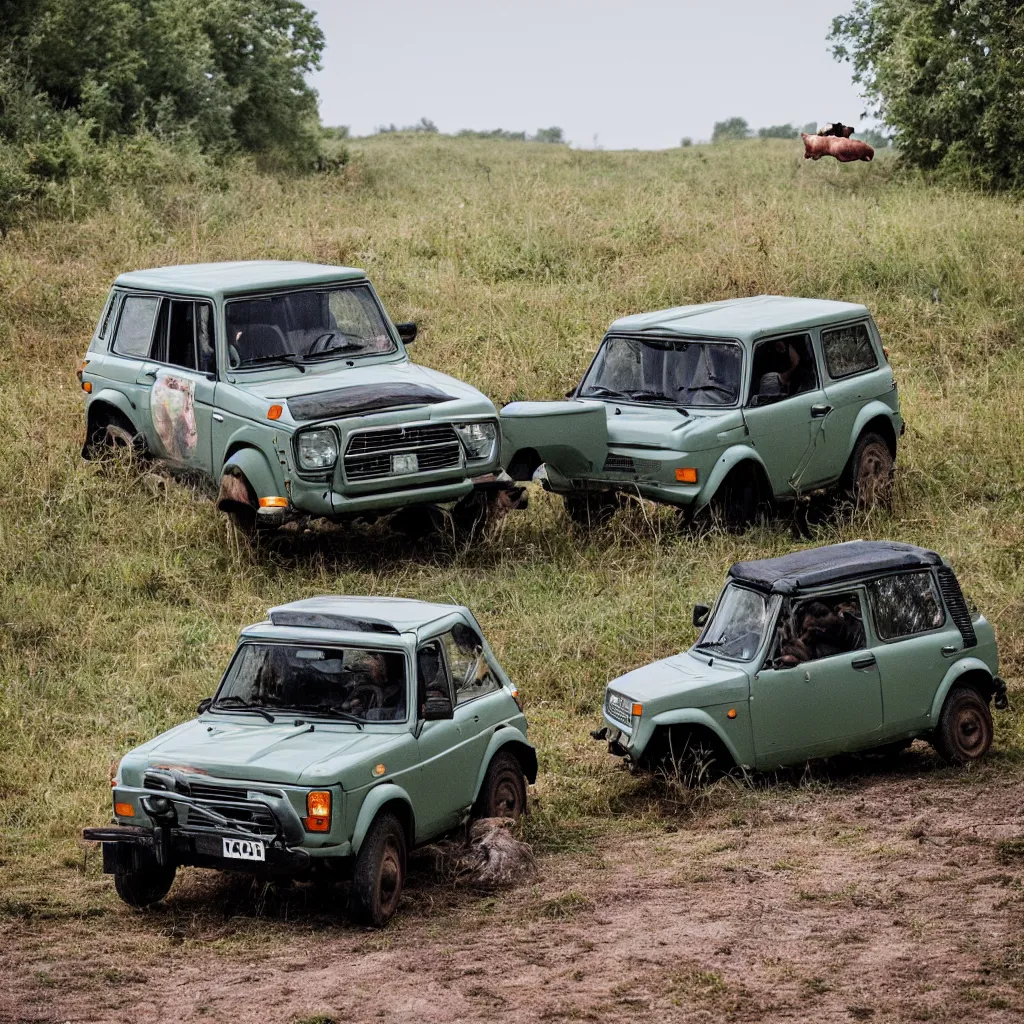 Image similar to pig driving, lada niva, award winning photography