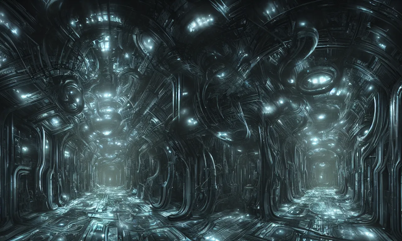 Image similar to sci-fi Prometheus biological corridor, biologic HR Giger style, Alien, Wide angle, featured in artstation, octane render, cinematic, elegant, intricate, 8k