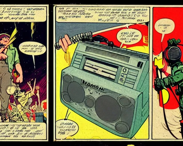 Prompt: three panels from a 1 9 3 0's comic book showing a big fat boombox, in front of a big moon, illustration, wide shot, muted colors, post grunge, concept art by josan gonzales and wlop, david rubin, mike mignola, laurie greasley, highly detailed, sharp focus, trending on artstation, hq, deviantart, art by artgem