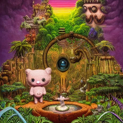 Prompt: symmetry!, wide angle dynamic portrait of a chibbi african queen and her pet in an african zen garden with a waterfall! and a golden ornate steampunk portal, amigurumi by mark ryden and todd schorr and mark davis and zdislaw beksinski in a surreal lowbrow style, digital paint, matte paint, vivid synthwave colors, breathtaking landscape