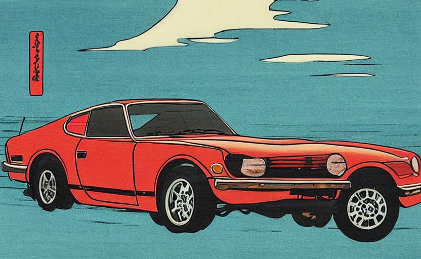 Image similar to ukiyo - e painting of a 1 9 7 5 datsun 2 4 0 z