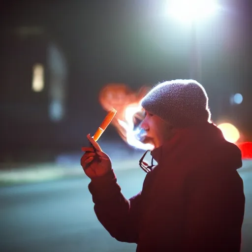 Prompt: candid night time photogrpah of a Skinwalker smoking Marlboro Red cigarettes