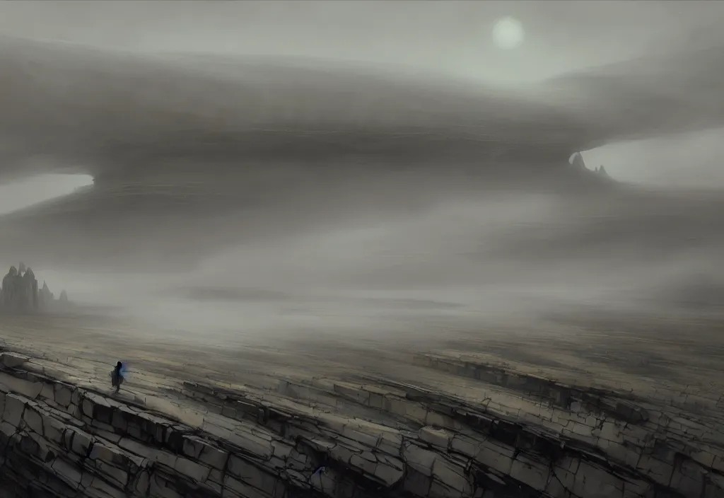 Prompt: The landscape of a gray wasteland with gray dry land, enclosed in incredibly gigantic enormous smoothed stone walls. The walls are so far apart that they disappear over the horizon. Art by Finnian MacManus, Simon Stalenhag, Arthur Rackham. Fog, masterpiece, fantasy art, cinematic, hyperdetailed, photorealistic, hyperrealism, octane rendering, 8k, aerial view