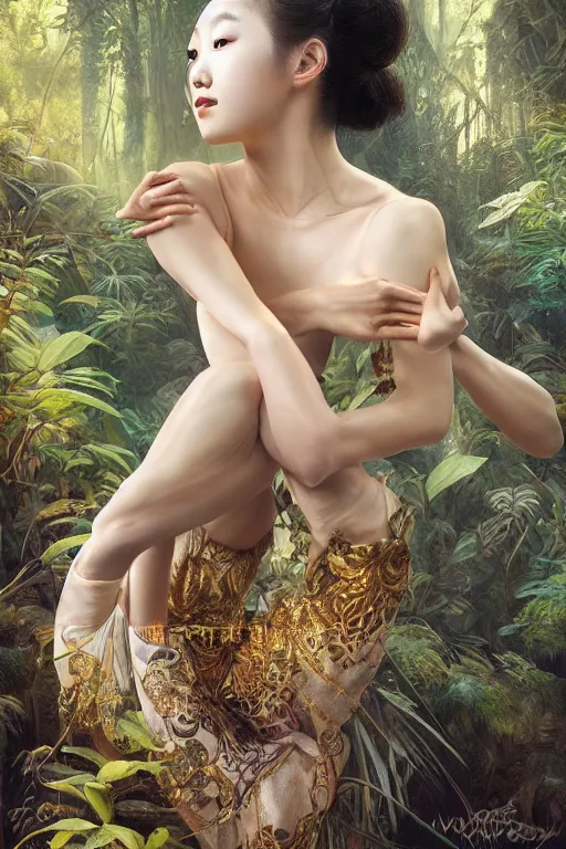 Image similar to stunningly beautiful, asian prima ballerina in jungle, symmetrical face, golden hour, smooth, focus, highly detailed, hyper realistic, dramatic lighting, elegant, intricate, concept art, art by wlop, mars ravelo, greg rutowski