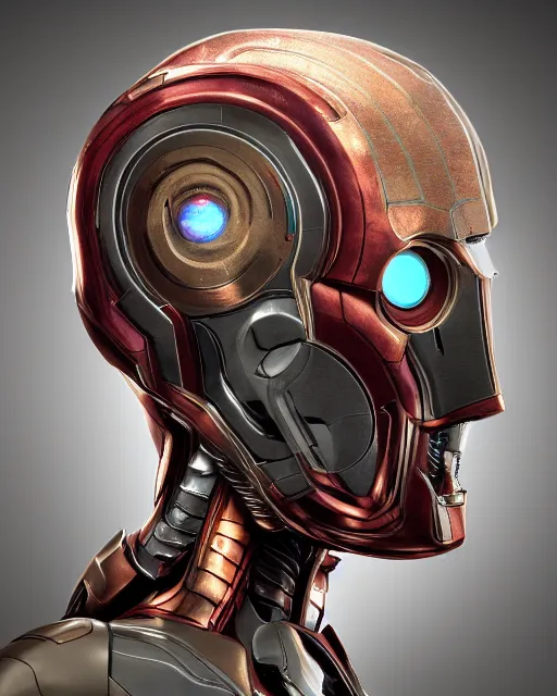 Image similar to portrait of an ammolite ultron from age of ultron, clockwork steampunk, dieselpunk, head and chest only, by beksinski, 4 k, deviantart, 3 d unreal engine, trending on artstation