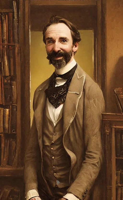 Prompt: official portrait of a happy victorian gentleman in front of a bookcase, male, cheerful, detailed face, 19th century, highly detailed, cinematic lighting, digital art painting by greg rutkowski