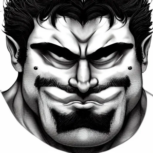 Image similar to face portrait a big beefy man with a large purple face, thick dark hair, a bushy black moustache, with hardly any neck and mean little eyes, highly detailed, digital art, sharp focus, trending on art station, kentaro miura manga art style