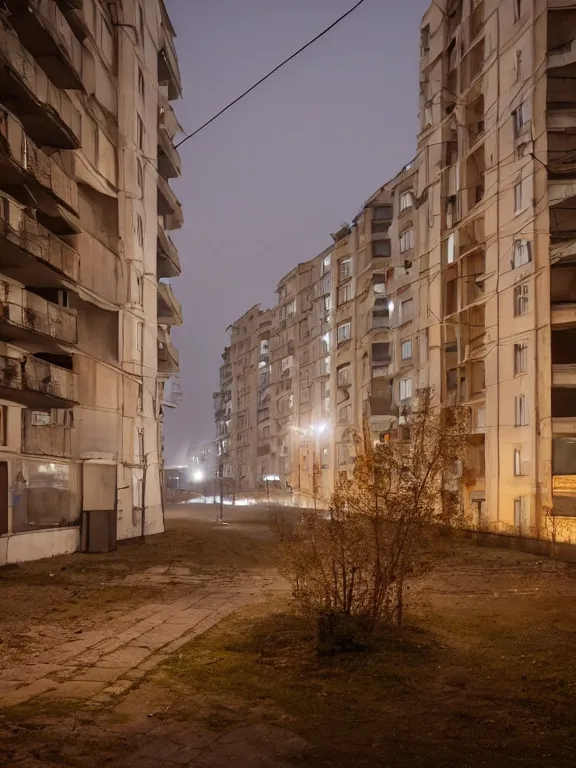 Image similar to film still of low residential building in russian suburbs, lights are on in the windows, deep night, post - soviet courtyard, cozy atmosphere, light fog, street lamps with orange light, several birches nearby, several elderly people stand at the entrance to the building