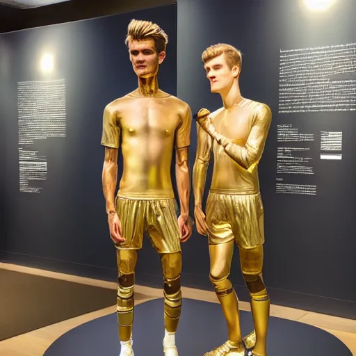 Image similar to a realistic detailed photo of a guy who is an attractive humanoid who is half robot and half humanoid, who is a male android, soccer players martin ødegaard & timo werner, shiny skin, posing like a statue, blank stare, in a museum, on display, showing off his muscles, gold soccer shorts, no jersey, side to side, statue